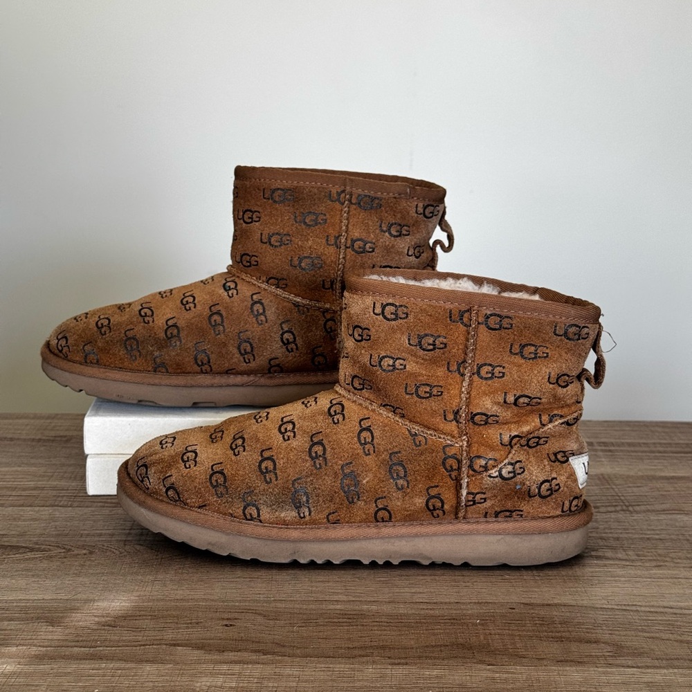 UGG Logo Print Mini Boots Suede Shearling Brown Women’s Size 6
